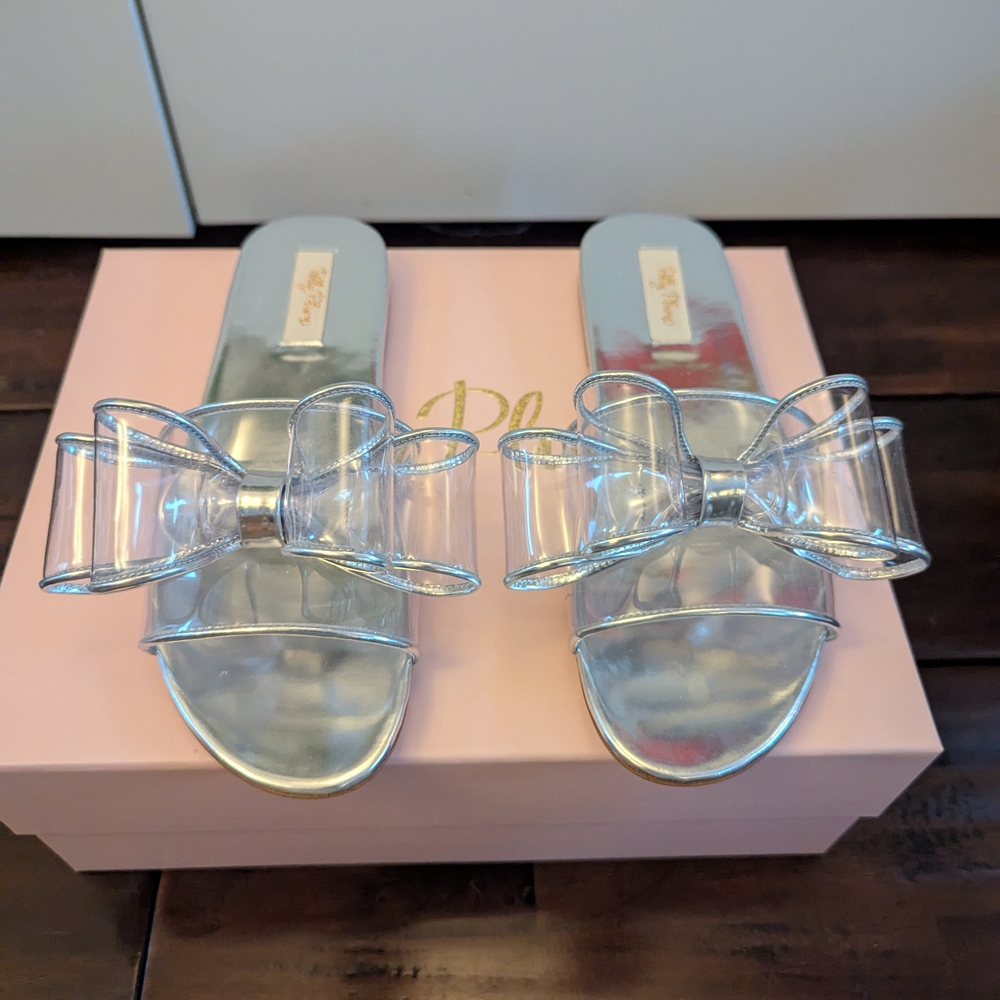Polly Plume Lola Bow Clear Silver Slides with Sleek Design